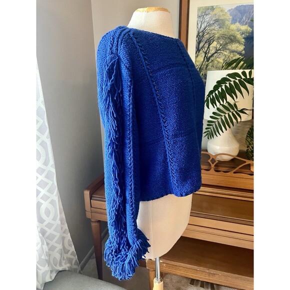 3.1 PHILLIP LIM Small Cashmere Angora Boxy Crop Fringed Open Knit Blue Sweater - Picture 2 of 6
